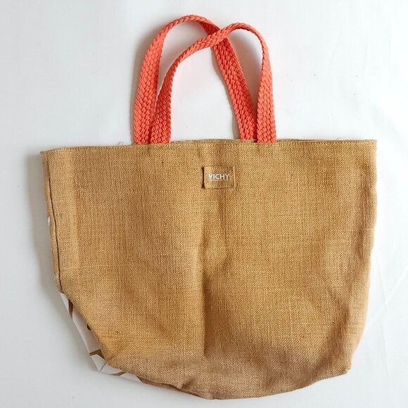 LARGE VICHY BEACH BAG Tropical Tote Bag Burlap with Coral Handle and Interior - Picture 2 of 4